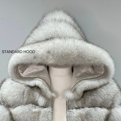 ‘Frost White’ Premium Hooded Full Sleeve Fox Fur Coat (10/18 Day Delivery)