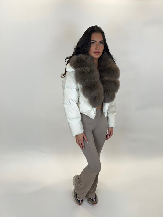 ‘Rosalina’ Cropped Cream+Brown Fox Fur Puffer (1/2 Day Delivery)