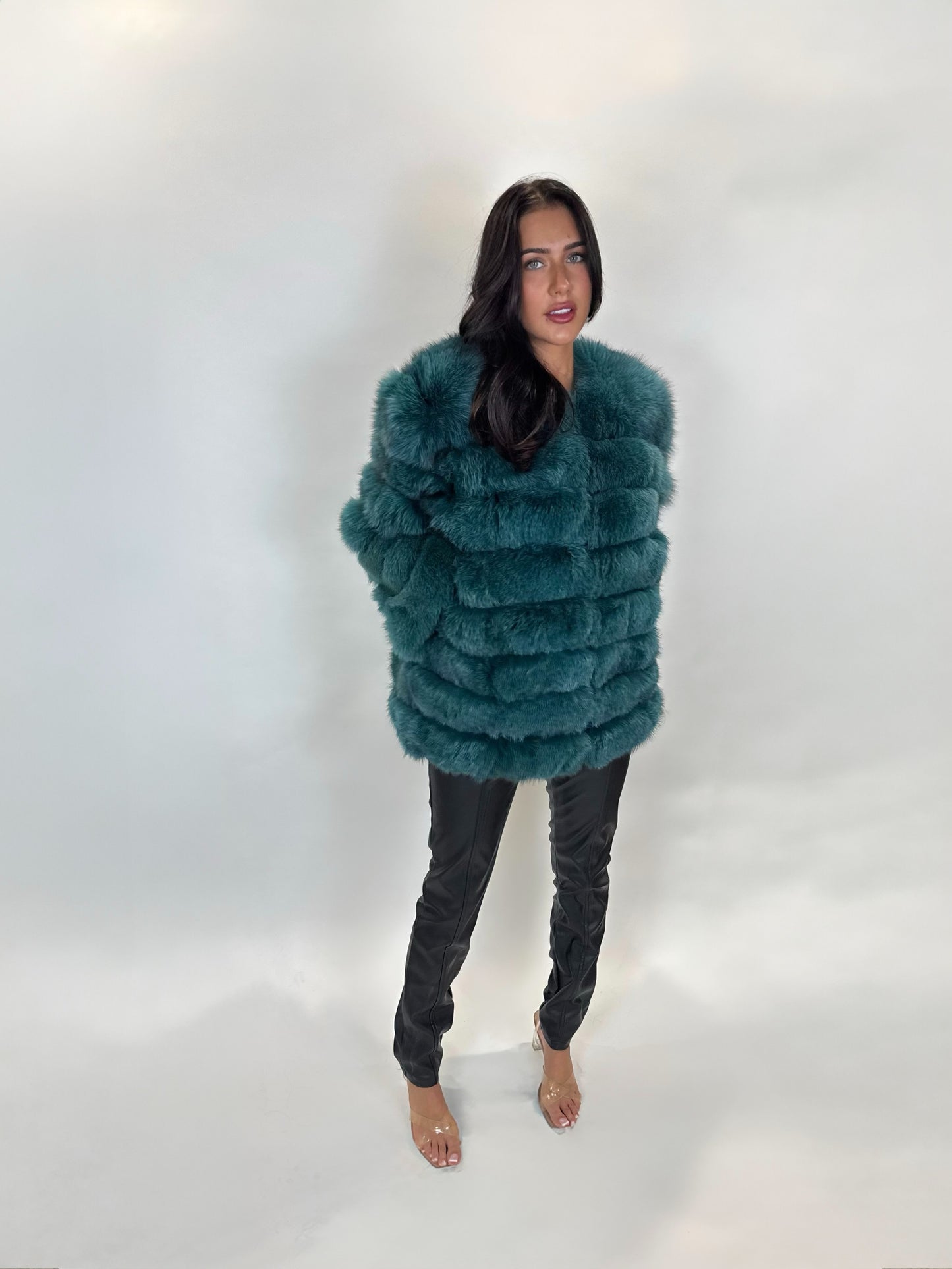 ‘Bottle Green’ Premium 8 Row Full Sleeve Fox Fur Coat (10/18 Day Delivery)