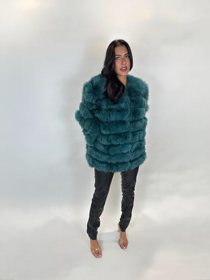 ‘Bottle Green’ Premium 8 Row Full Sleeve Fox Fur Coat (10/18 Day Delivery)