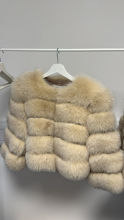‘Beige’ Premium 5 Row Cropped Sleeve Fox Fur Coat UK 4/6/8 2in1 READY TO SEND