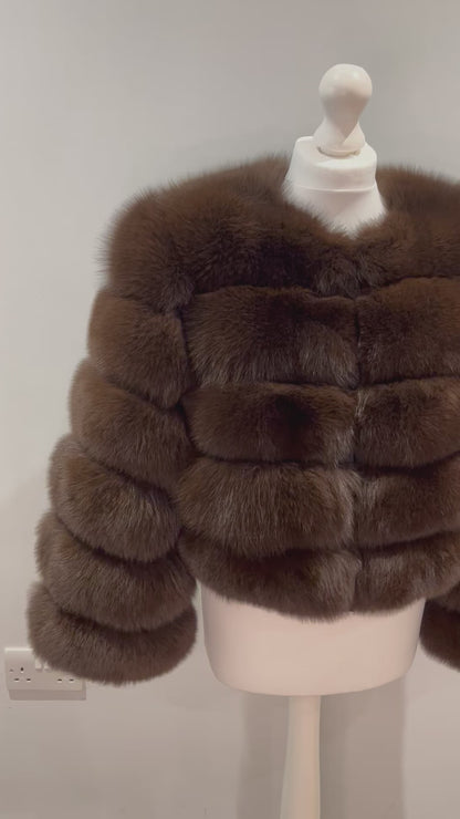 ‘Chocolate Brown’ Premium 5 Row Cropped Sleeve Fox Fur Coat (10/18 Day Delivery)